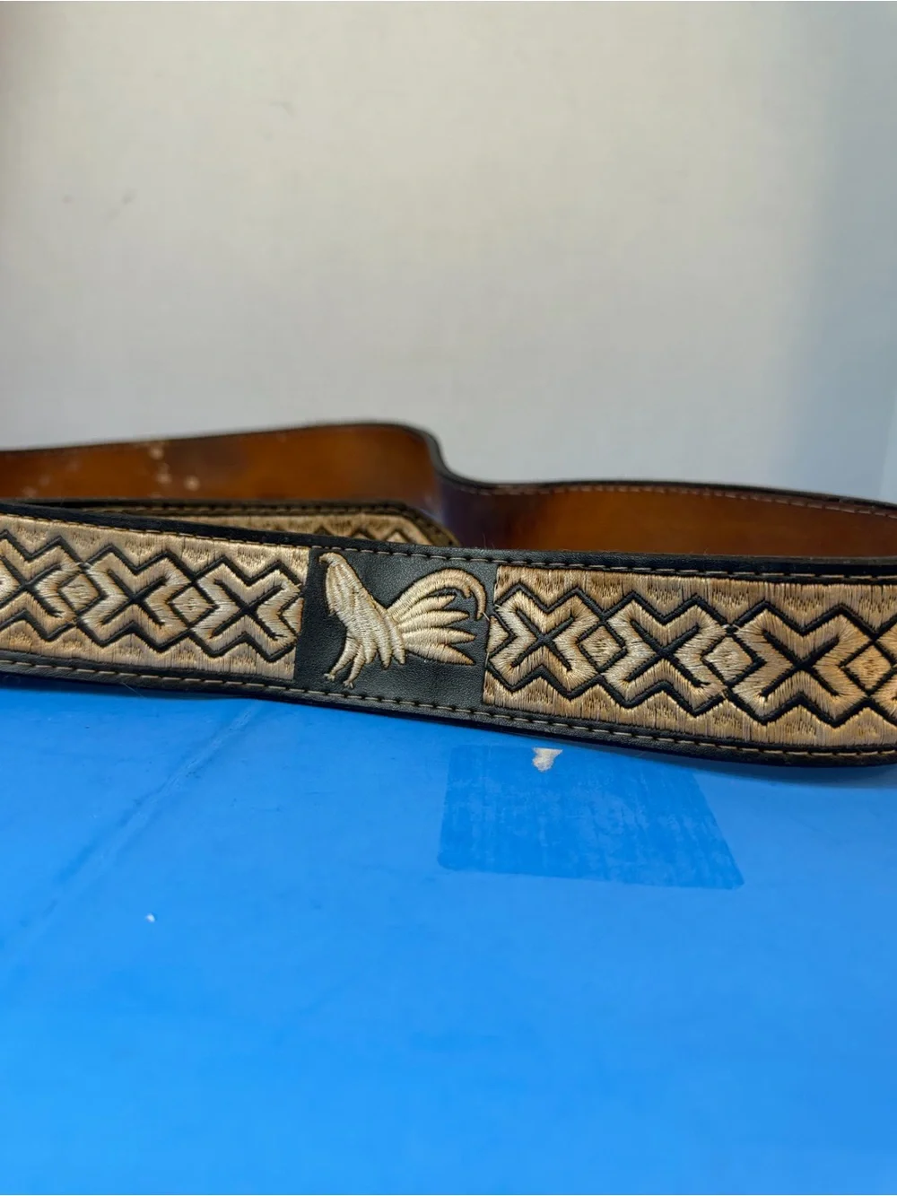 Men's Embroidered Brown Leather Belt with Gold Rooster Buckle